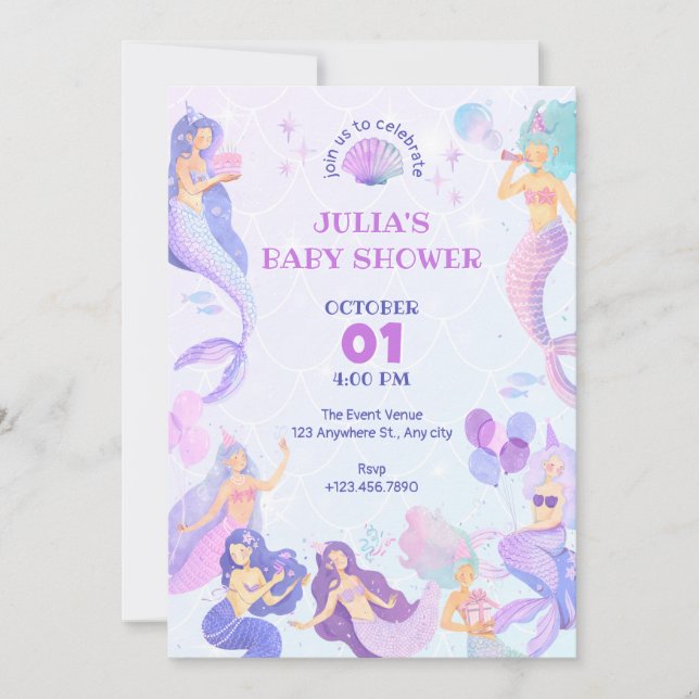 Invitación Sirena bajo el mar, ducha de bebé (Anverso)