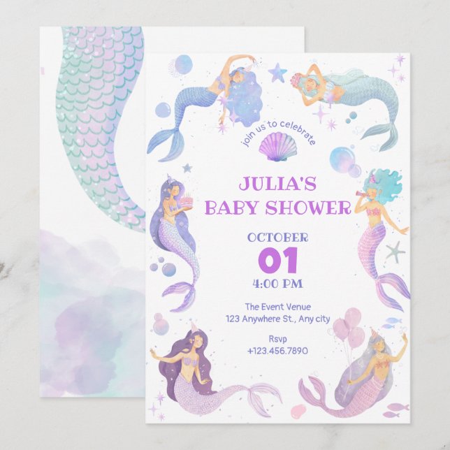 Invitación Sirena bajo el mar, ducha de bebé (Anverso / Reverso)