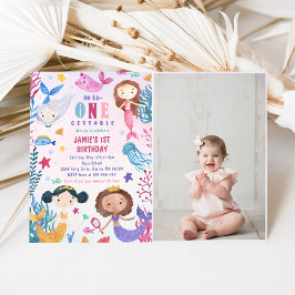 Invitación Sirena bajo el mar. Foto de Fiesta de primer cumpl