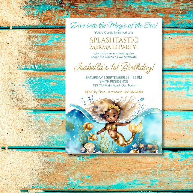 Invitación Sirena bajo el mar linda fiesta bebé africana (Mermaid under the sea birthday party template invitation cute African baby girl withg old  seashells)