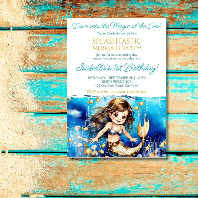 Invitación Sirena bajo el mar linda fiesta de cumpleaños chic (Mermaid under the sea birthday party template invitation cute baby mermaid with sea shells gold fish)