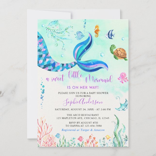 Invitación Sirena bajo el mar Niña bebé Baby Shower (Anverso)