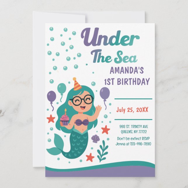 Invitación Sirena Bajo El Mar Primer Fiesta De Cumpleaños (Anverso)