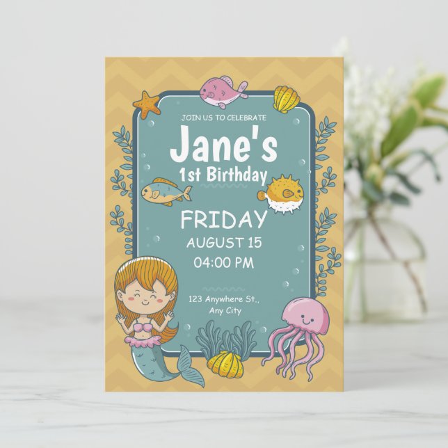 Invitación Sirena Bajo El Mar Primer Fiesta De Cumpleaños (Anverso de pie)