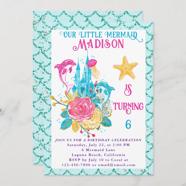 Invitación Sirena bajo el mar Turquesa Purpurina Cumpleaños (Anverso / Reverso)
