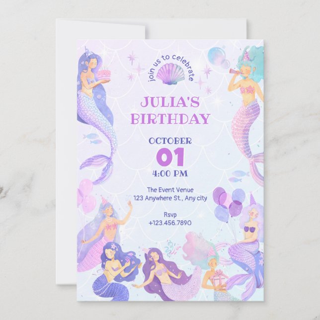 Invitación Sirena bajo la fiesta de cumpleaños del mar (Anverso)