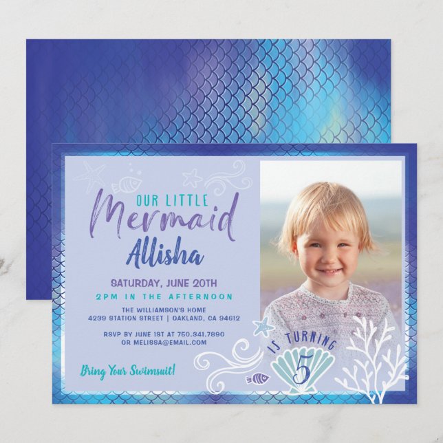 Invitación Sirena Bajo La Foto De Ocean Blue & Purple (Anverso / Reverso)