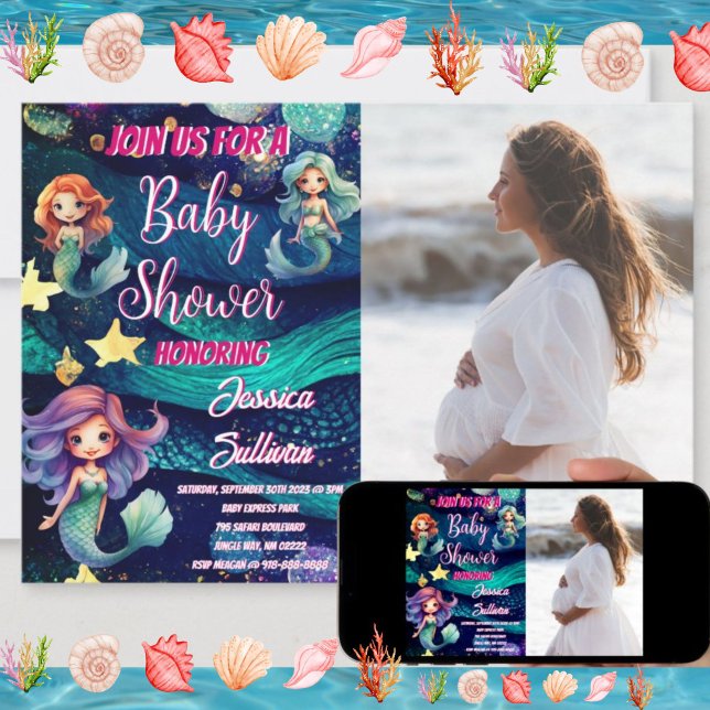 Invitación Sirena Bajo La Galaxia Del Mar Foto Baby Shower (Mermaid Ocean Galaxy Baby Shower Invitation)