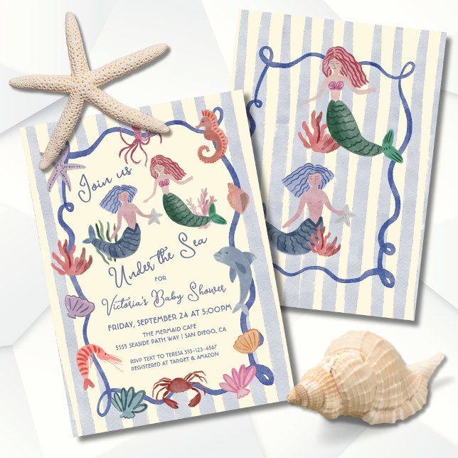 Invitación Sirena bajo la mano costera del mar dibujada (Subido por el creador)