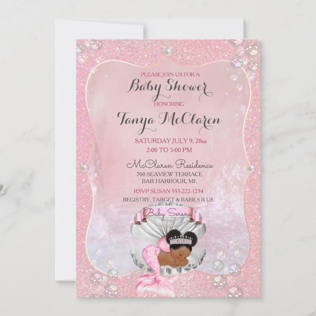 Invitación Sirena bebé afroamericana concha rosa perlas (Anverso)