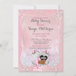 Invitación Sirena bebé afroamericana concha rosa perlas