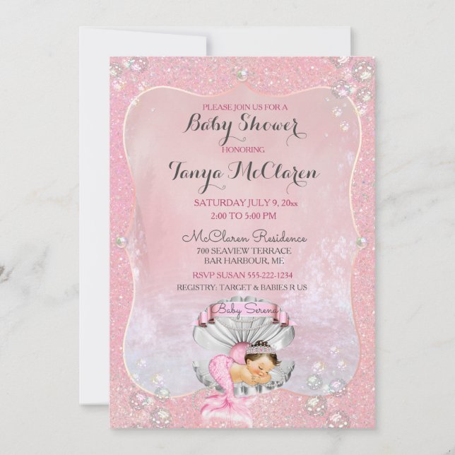 Invitación Sirena Bebé Durmiendo Concha de Almeja Rosa Perlas (Anverso)
