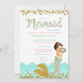 Invitación Sirena Bebé Niña Melocotón Coral Menta Oro