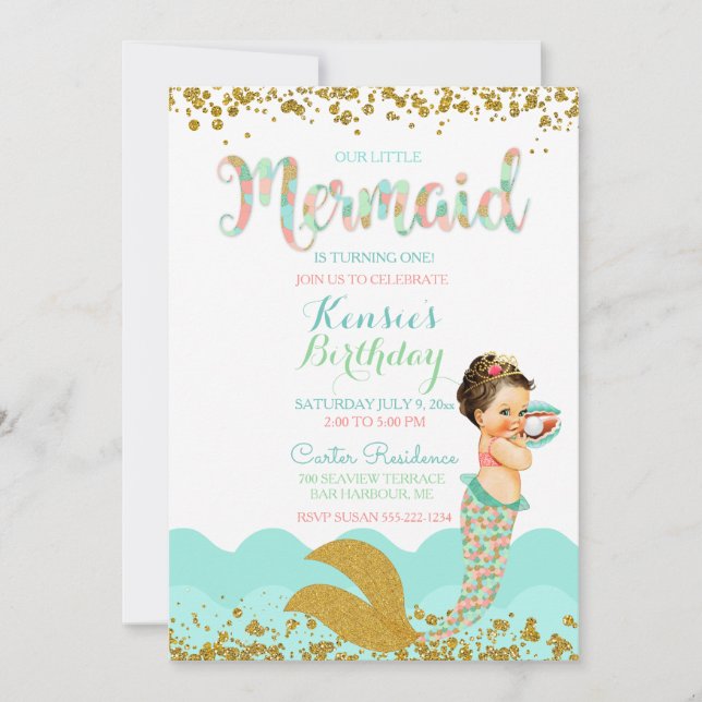 Invitación Sirena Bebé Niña Melocotón Coral Menta Oro (Anverso)