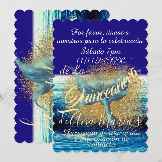 Invitación Sirena Cola Splash Sparkle Quinceañera Celebración (Anverso / Reverso)