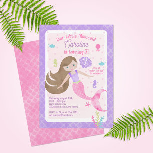 Invitación Sirena con el pelo pardo morado rosado cumpleaños