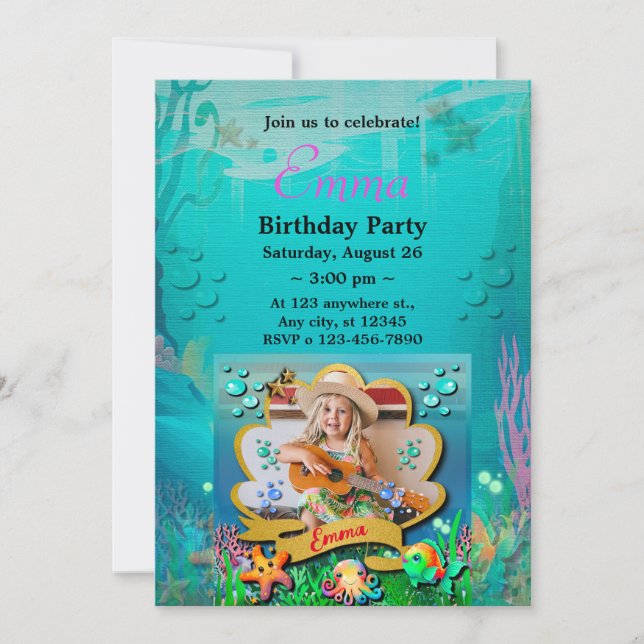 Invitación Sirena, Concha de Mar, Amigos de Animales Marinos, (Anverso)