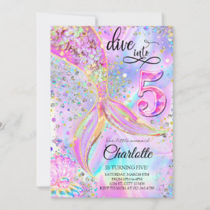 Invitación Sirena Cumpleaños 5 Cinco Rosa Púrpura Sumérgete e