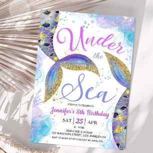 Invitación Sirena Cumpleaños 8 años Niña Rosa Bajo el Mar