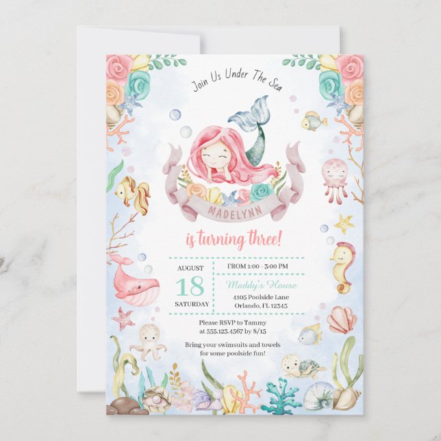 Invitación Sirena Cuta Bajo La Piscina Mar Fiesta Cumpleaños (Anverso)