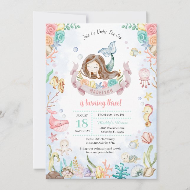 Invitación Sirena Cuta Bajo La Piscina Mar Fiesta Cumpleaños (Anverso)