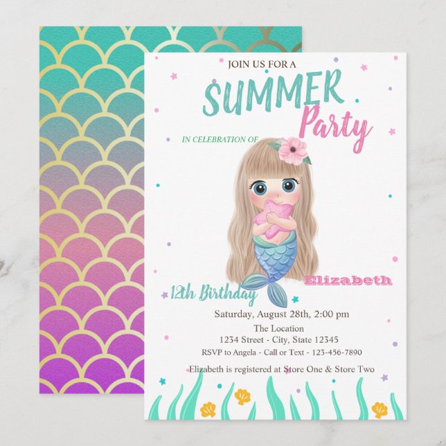 Invitación Sirena de Bebé Escales Fiesta de Cumpleaños (Anverso / Reverso)