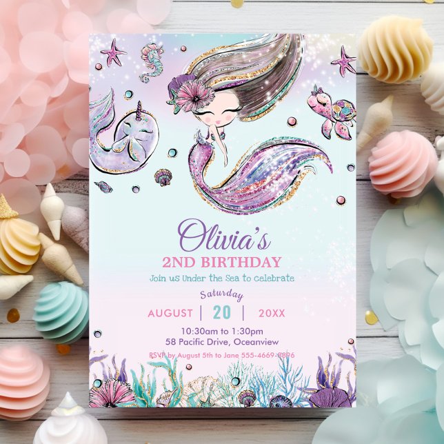 Invitación Sirena de Bonito bajo el púrpura del mar Cumpleaño (whimsical cute brunette mermaid under the sea pool birthday party invitation cards printed download)
