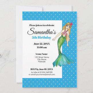 Invitación Sirena de color agua con pelo largo