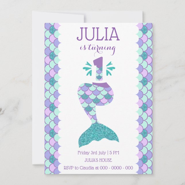 Invitación Sirena de cumpleaños número 1 (Anverso)