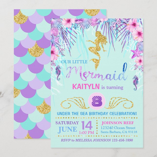 Invitación Sirena de espuma bajo el mar Cumpleaños (Anverso / Reverso)