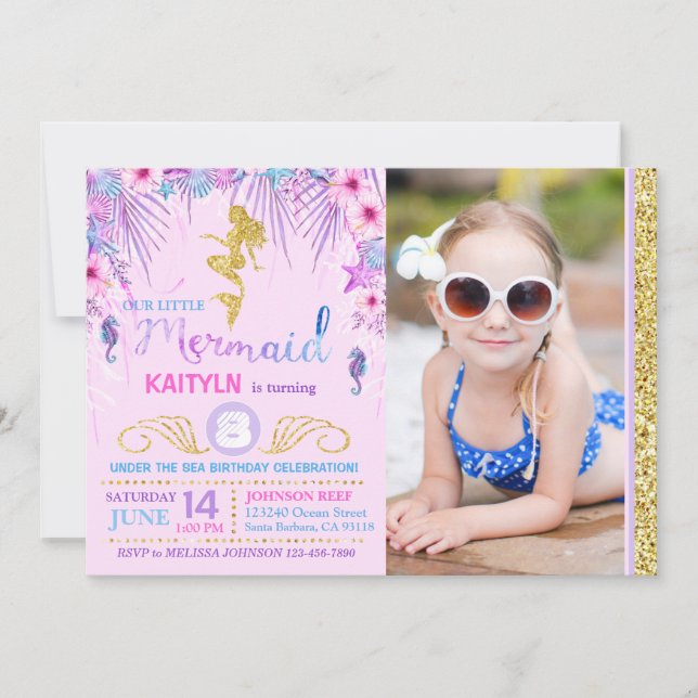 Invitación Sirena de espuma bajo el mar Cumpleaños (Anverso)