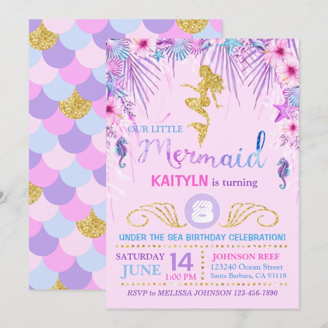 Invitación Sirena de espuma bajo el mar Cumpleaños (Anverso / Reverso)