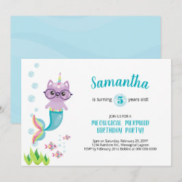 Invitación Sirena de gato Unicornio bajo la fiesta de cumplea