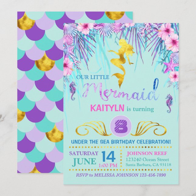 Invitación Sirena de la chispa bajo cumpleaños del mar (Anverso / Reverso)