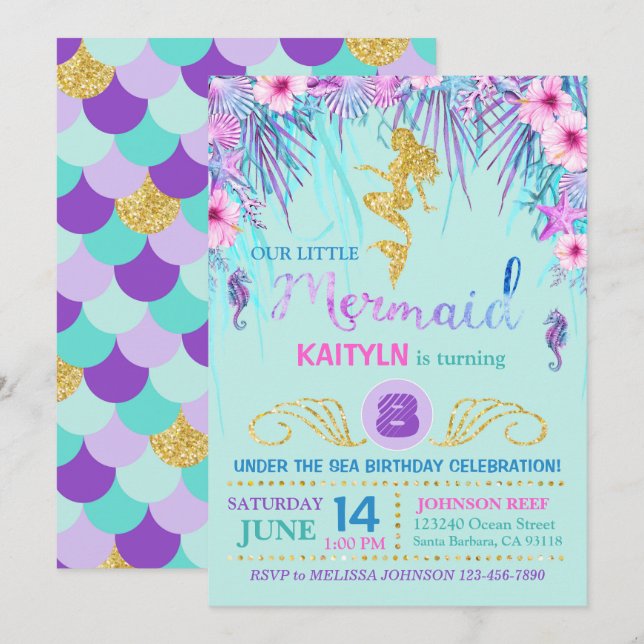 Invitación Sirena de la chispa bajo cumpleaños del mar (Anverso / Reverso)