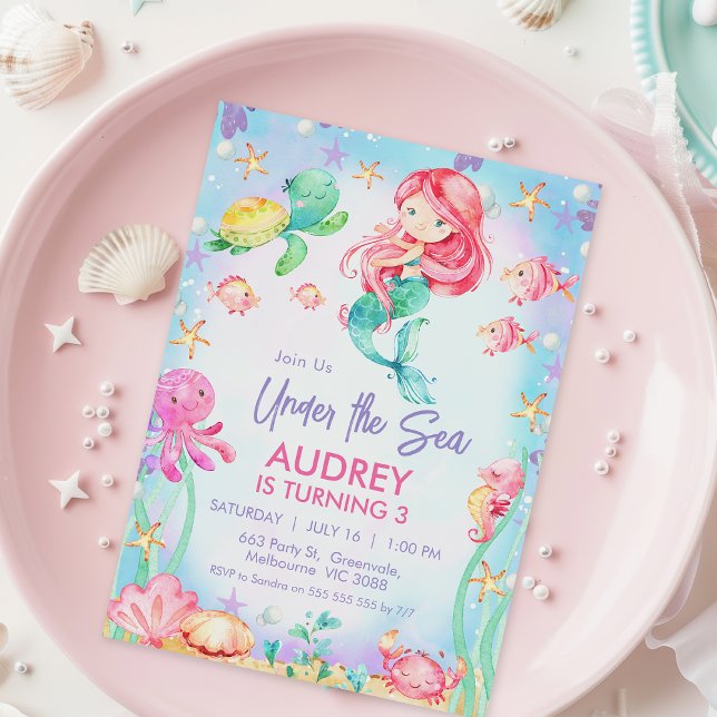 Invitación Sirena de pelo rojo de verano bajo el mar Cumpleañ (Under the Sea Birthday Invitation Any age, Red Hair Mermaid Birthday Invitation Girl, Sea Creatures)