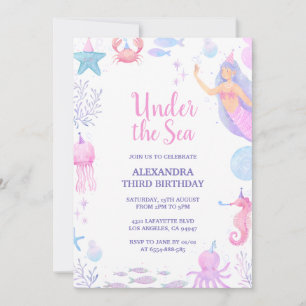 Invitación Sirena debajo del mar Acuarela niña cumpleaños 3