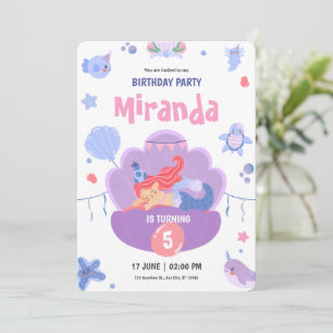 Invitación Sirena Durmiente Cumpleaños Feliz Rosa Púrpura