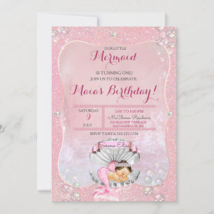 Invitación Sirena Durmiente Niña Perlas Rosadas Concha de Cla