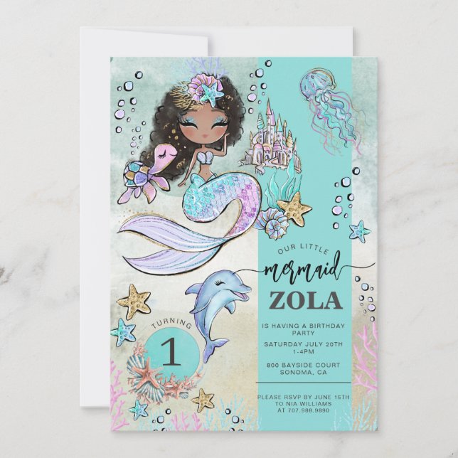 Invitación Sirena editable bajo el mar Primer cumpleaños (Anverso)