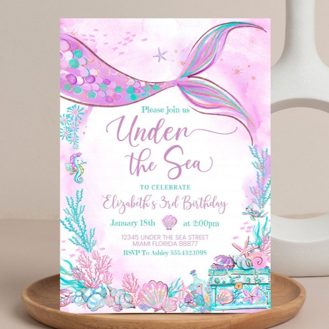 Invitación Sirena Editable Bajo el Mar Púrpura Turquesa (Subido por el creador)