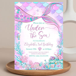 Invitación Sirena Editable Bajo el Mar Púrpura Turquesa