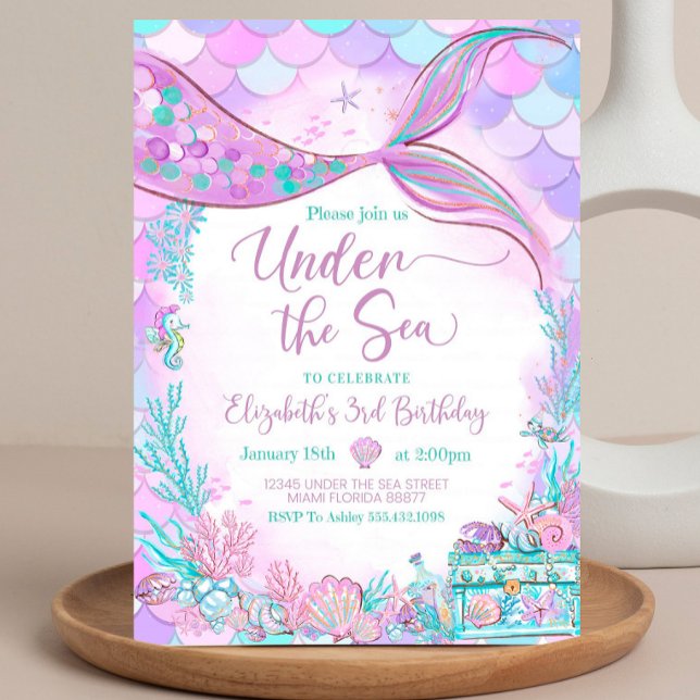 Invitación Sirena Editable Bajo el Mar Púrpura Turquesa (Subido por el creador)