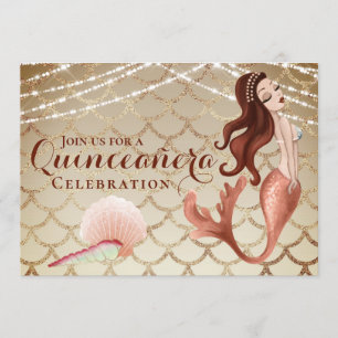 Invitación Sirena en oro Rosa bajo el mar Quinceañera