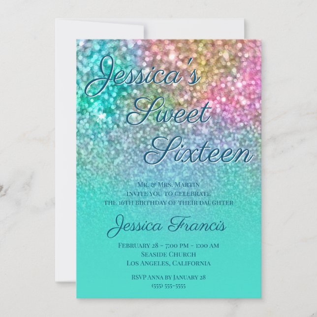 Invitación Sirena Falsa Brillo Turquesa Ombre Dulces Dieciséi (Anverso)