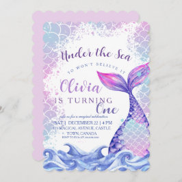 Invitación Sirena Fiesta de primer cumpleaños Cute Mar Azul r