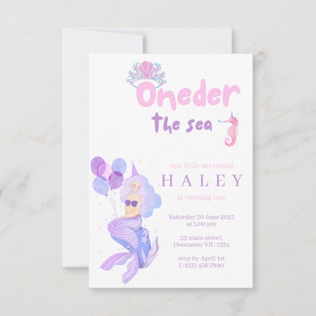 Invitación Sirena Girly se abre el mar Primer cumpleaños del  (Anverso)