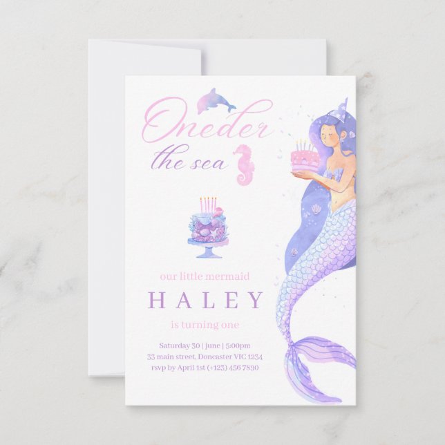 Invitación Sirena Girly se abre el mar Primer cumpleaños del  (Anverso)