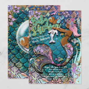 Invitación Sirena Glam Dark Dorada Brillo Shower de Bebé Niño