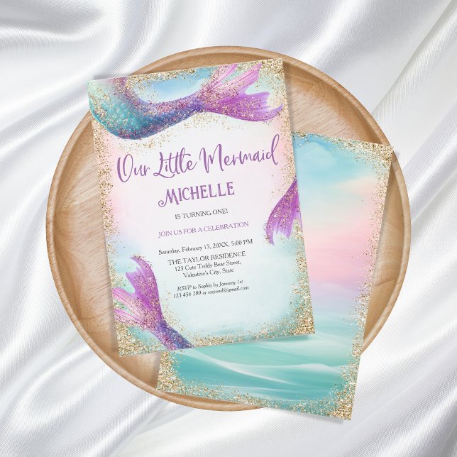 Invitación Sirena Mágica Bajo el Mar con Brillo de Arcoíris (glitter mermaid birthday party )